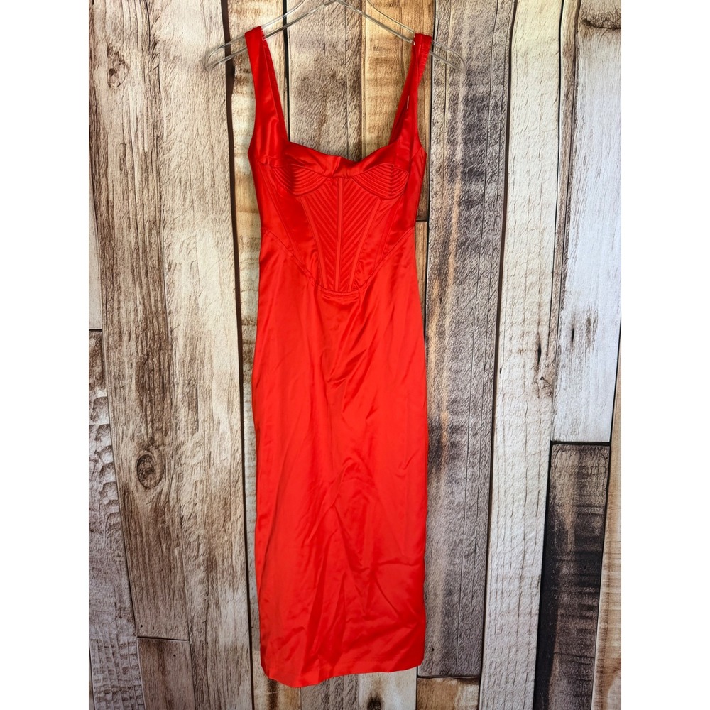 Bardot Elodie Midi Dress Corset Satin Fire Red Revolve Date Night Party XS NWT